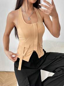 SHEIN EZwear Top Asimétrico De Cuello Halter Con Detalle De Solapa En El Dobladillo