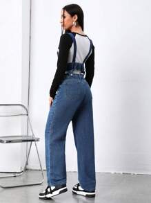 SHEIN EZwear 鏤空前紐扣牛仔背帶褲不帶T恤 - 中等水洗藍 - 查看 2