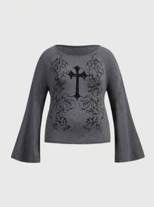 ROMWE Goth Hơn Hoa & Vượt qua In Tay áo kèn  Áo thun - Xám - Xem 1