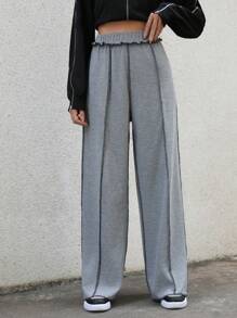 SHEIN Essnce 頂針褶邊闊腿褲 - 灰色 - 查看 1