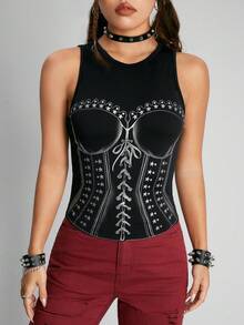 ROMWE PUNK Top tank con estampado de dibujo - Negro - Ver 5