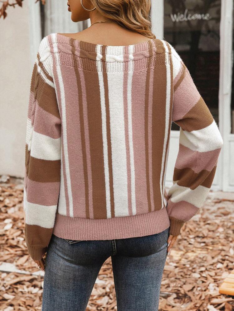 Striped Pattern Boat Neck Batwing Sleeve Knit Pullover Fall Winter Sweater