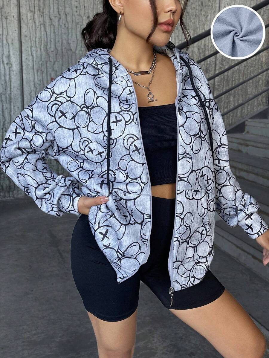 EURMUSE Cartoon Print Zip Up Drawstring Hoodie - Multicolor - View 1