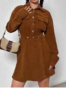 SHEIN Unity Women's Corduroy Dress Fall Cloth For Women - Brown - View 5