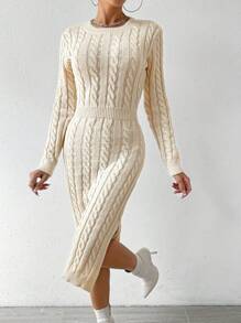 SHEIN Essnce Cable Knit Split Thigh Sweater Dress Without Belt - Apricot - View 6
