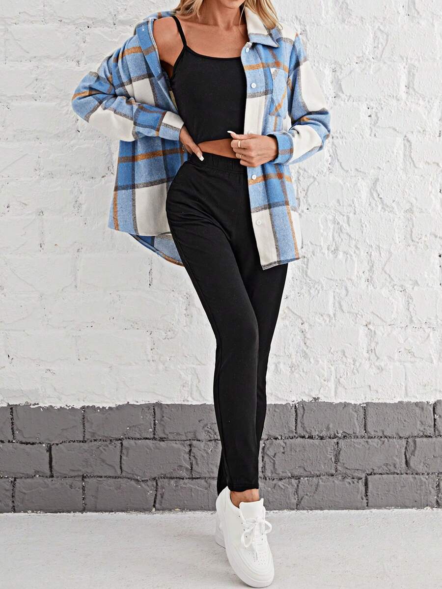 SHEIN Unity 女士時尚格紋外套、背心和緊身褲三件套裝,適用於日常穿著 - 彩色 - 查看 1