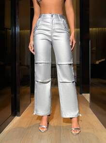 Zolique 女士时尚金属色抽绳腰工装裤 - 銀色 - 查看 3