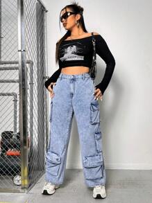 SHEIN ICON 大碼側翻蓋口袋工裝牛仔褲 - 淺色水洗藍 - 查看 5