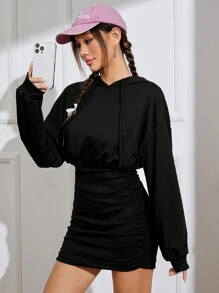 SHEIN Qutie 落肩袖抽繩連帽洋裝 - 黑色 - 查看 3