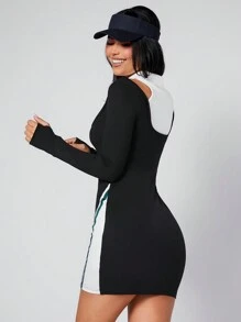 SHEINNeu 撞色拼接領挖空細節緊身洋裝 - 黑色 - 查看 2