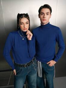 SWAVVY 1入組素色高領套頭毛衣 - 藍色 - 查看 1