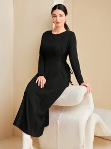 Seusyu Chất rắn Ren Up Side Đầm - màu đen - Xem 7