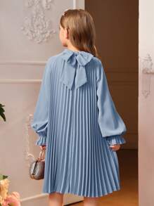 SHEIN 女大童1入組後綁帶蝴蝶結荷葉袖百褶洋裝 - 霧霾藍 - 查看 1
