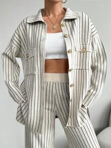 EURMUSE Women's Fashion Casual Striped Sweater & Pants 2 Pieces Set - Apricot - View 4