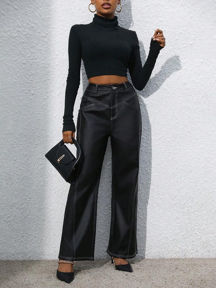 Top-Stitching Flare Leg Pants Fall Cloth For Women