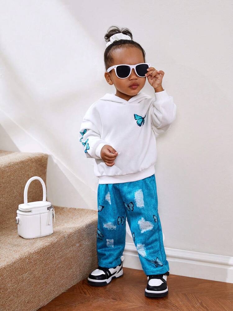 Baby Girl Casual Butterfly Pattern Hooded Sweatshirt And Pants Set
