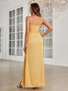 SHEIN Belle Twist Detail Split Thigh Satin Tube Bridesmaid Dress - Yellow - View 3