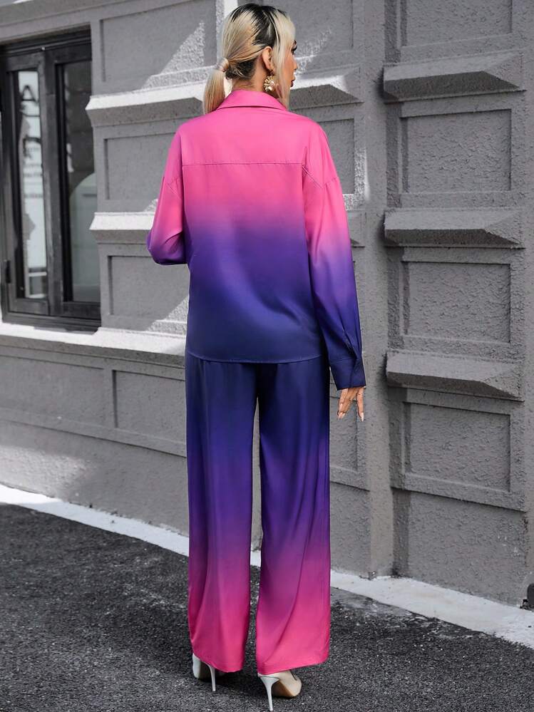 SHEIN Essnce de ombré de hombros caídos Camisa & Pantalones de pierna ancha - Multicolor - Ver 2