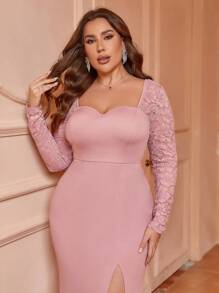 SHEIN Belle Plus Size Lace Patchwork Backless High Slit Mermaid Bridesmaid Dress - Dusty Pink - View 5