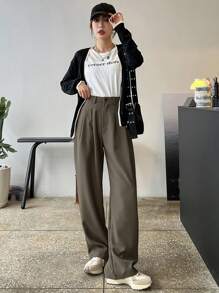 DAZY Women's Solid Color Pleated Straight Leg Casual/Business Pants,Women Dress Pants,Back To School Clothes,Teacher Pants Fall