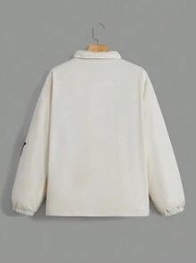 SHEIN EZwear Star & Letter Patched Detail Drop Shoulder Zipper Fleece Coat - Apricot - View 2