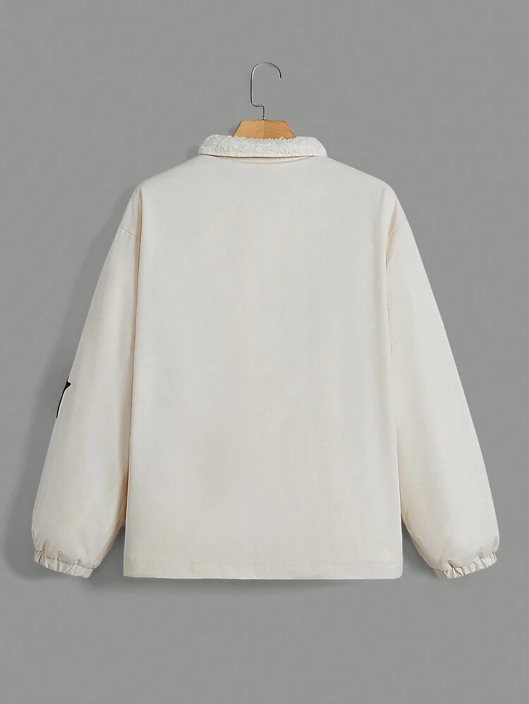 Star & Letter Patched Detail Drop Shoulder Zipper Fleece Coat