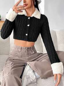 SHEIN EZwear 2入組毛絨領釦前開衫和細肩帶針織上衣 - 黑色 - 查看 6