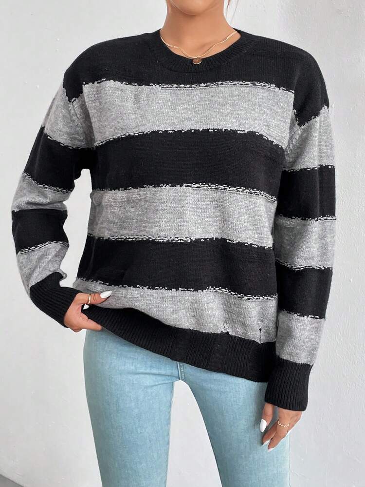 Color Block Drop Shoulder Knit Pullover Fall Winter Sweater