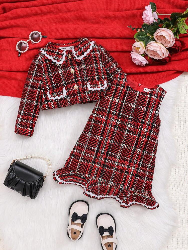 Baby Girl Plaid Print Contrast Trim Jacket & Ruffle Hem Dress