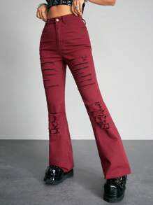 ROMWE PUNK Rách Quần ống loe - Màu Đỏ Sâu - Xem 5