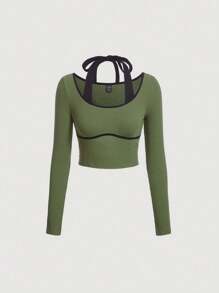 SHEIN MOD Women's Striped Halter Crop Top - Army Green - View 1