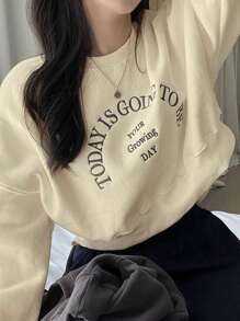 DAZY Embroidery Slogan Pattern Drop Shoulder Oversized Pullover,Long Sleeve Tops,Fall Women Clothes