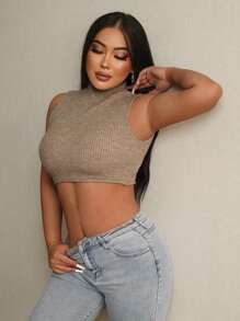 SHEIN SXY 小高領短款條紋針織上衣 - 卡其色 - 查看 6