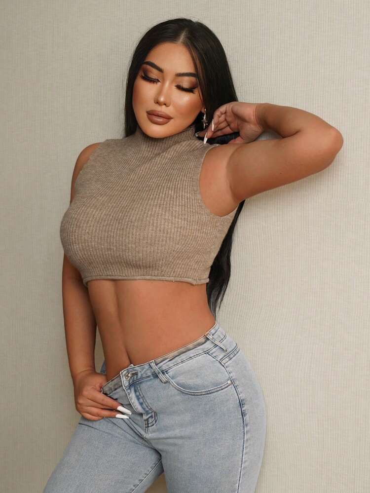 Mock Neck Crop Ribbed Knit Top