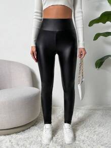 Chiquease Solid Thermal Lined PU Leather Pants