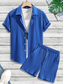 Manfinity RSRT 2pcs/set Men's Solid Color Short Sleeve Shirt And Shorts - Blue - View 3