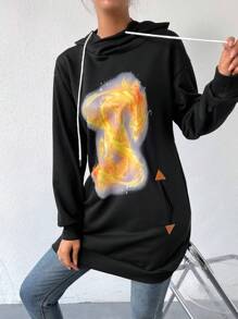 SHEIN Unity Dragon Print Drop Shoulder Drawstring Hooded Sweatshirt Dress Pullover Fall Outfit - Black - View 6