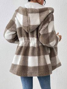 SHEIN LUNE 大方格圖案腰部抽繩連帽絨毛外套