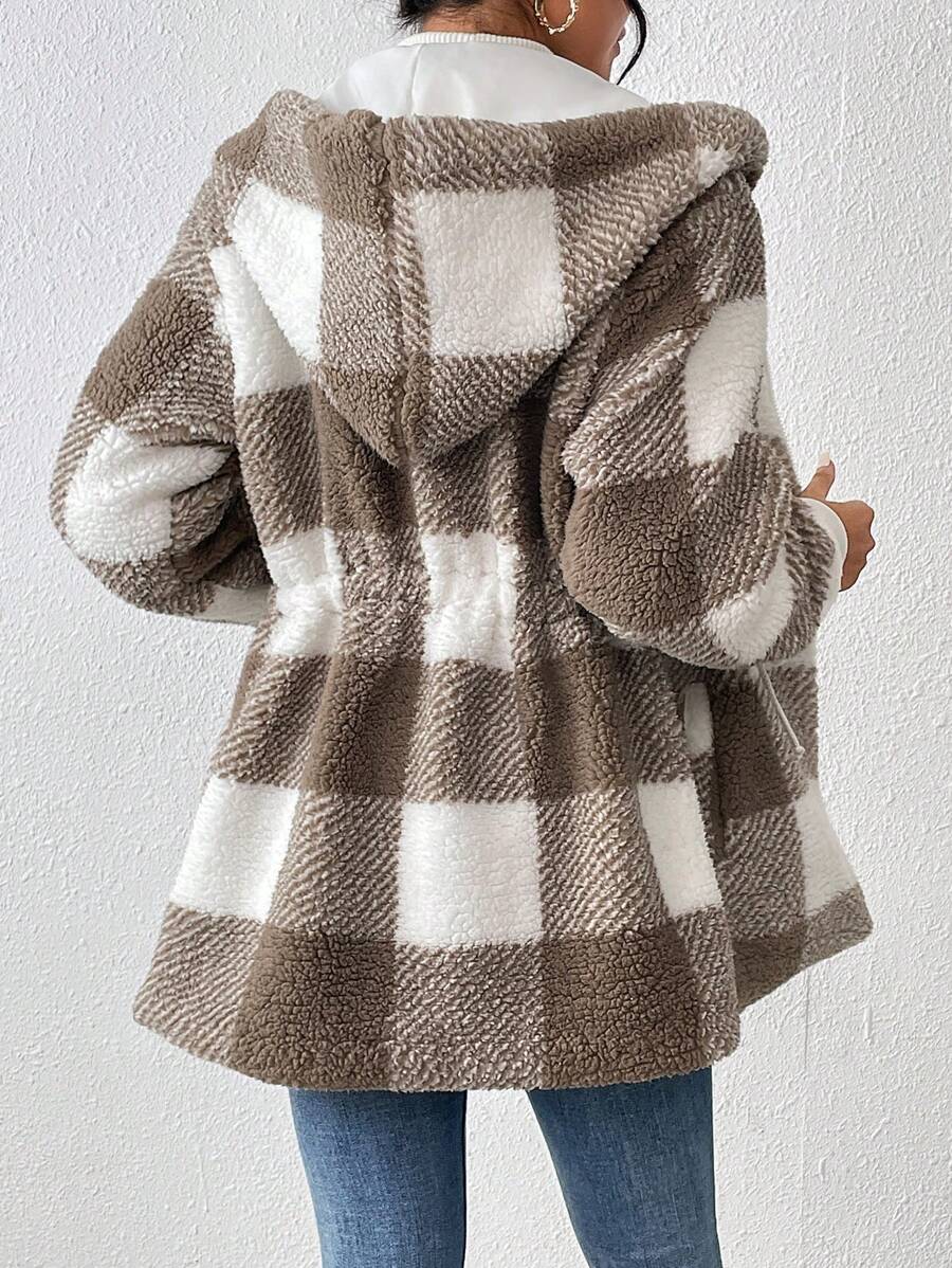 SHEIN LUNE 大方格圖案腰部抽繩連帽絨毛外套