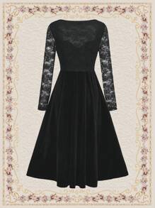 SHEIN DECDS 蕾絲拼接雞心領口A字連衣裙 - 黑色 - 查看 4