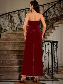 SHEIN Allurite 對比色邊緣絨面筒型連身褲 - 紅色 - 查看 2