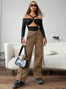 EURMUSE Flap Pocket Side Cargo Pants - Brown - View 3