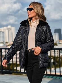 SHEIN Cottnline Borg Collar Zip Up Quilted Coat - Black - View 2