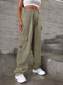 RueChic Flap Pocket Side Letter Embroidery Cargo Jeans - Khaki - View 4