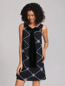 MINA Designer Graphic Print Tie Front Dress - Black - View 4