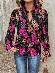 SHEIN VCAY 印花喇叭袖襯衫 - 彩色 - 查看 4