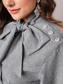 Modelyn Plus Size Blouse With Lantern Sleeves, Front Tie And Button Detail - Apricot - View 6