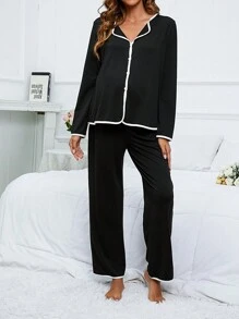 Moonlight&Mama Maternity Contrast Binding Button Front PJ Set / Pajama Set For Mother, Fall Winter Clothes - Black - View 3