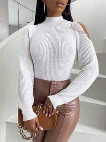 SHEIN Slayr 鏈條細節鏤空插肩袖小高領套頭毛衣 - 白色 - 查看 3