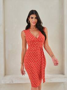 SHEIN In hoa Ditsy Váy có thắt lưng - Màu nâu  Mocha - Xem 5